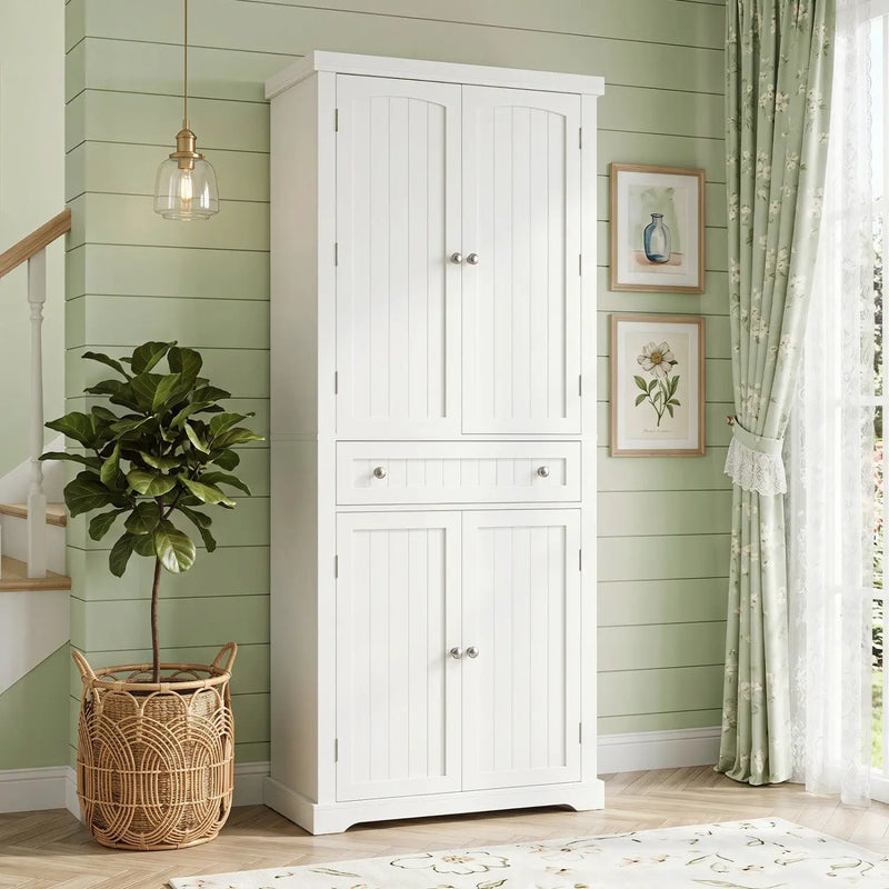72" Tall Kitchen Pantry Cabinet with 4 Fluted Doors - White by DirectDeals