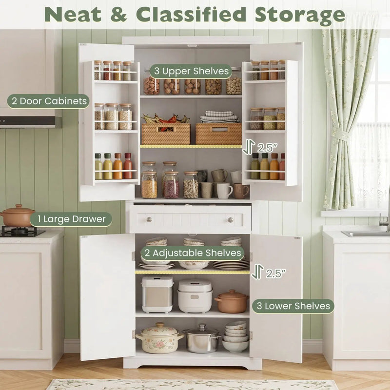 72" Tall Kitchen Pantry Cabinet with 4 Fluted Doors - White by DirectDeals