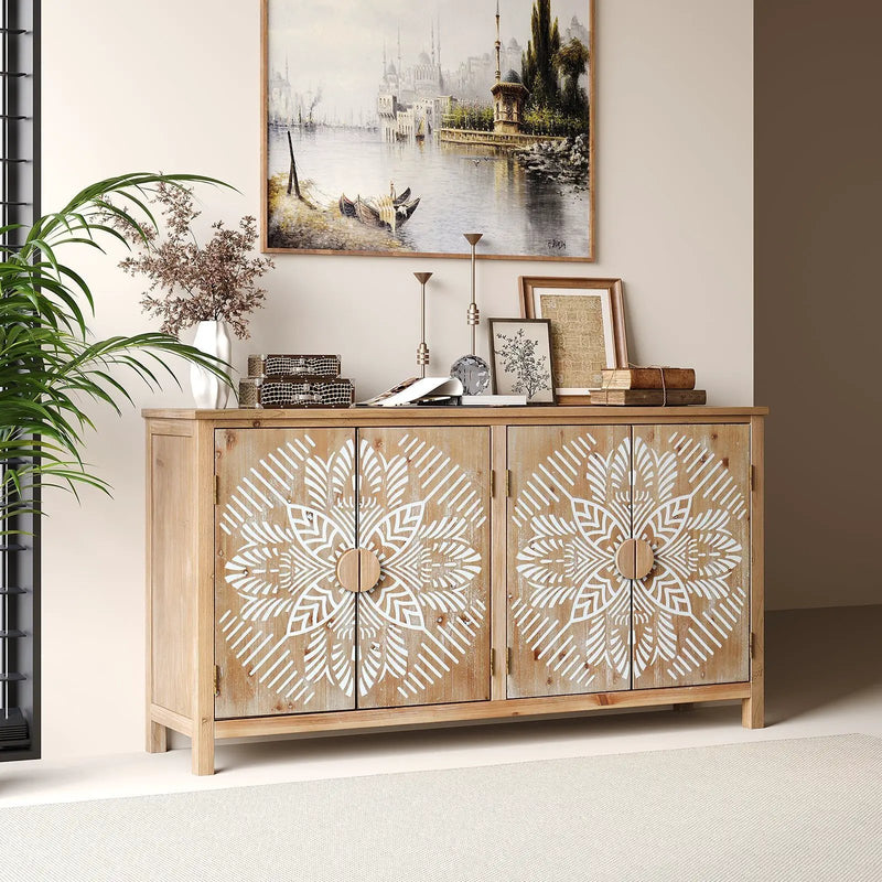 60" Wood Accent Cabinet with 4 Doors Brown and Antique White by HouseOfZazla