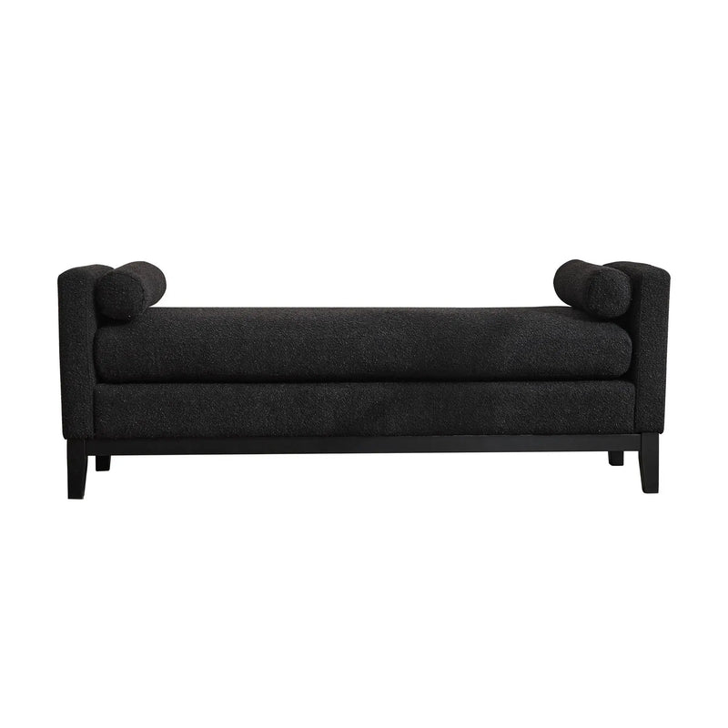 Elegant Upholstered Bench, Daybed, Ottoman With Wood Legs & 2 Bolster Pillows - Black Boucle by Unique Piece Furniture