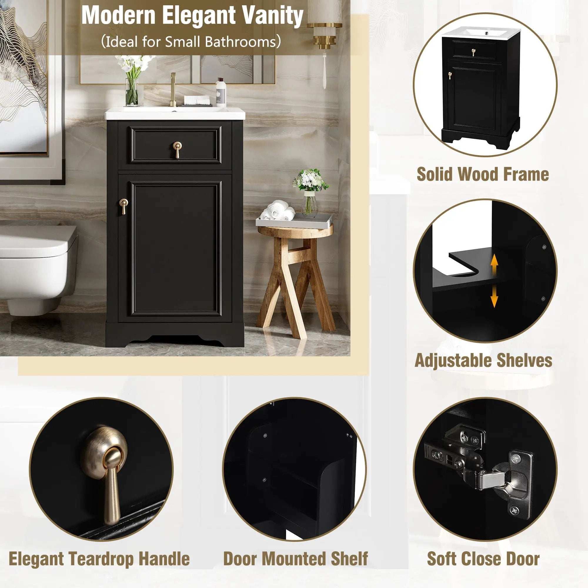 Elegant Bathroom Vanity With Ceramic Sink, Soft Close Door, Adjustable Shelf by Unique Piece Furniture