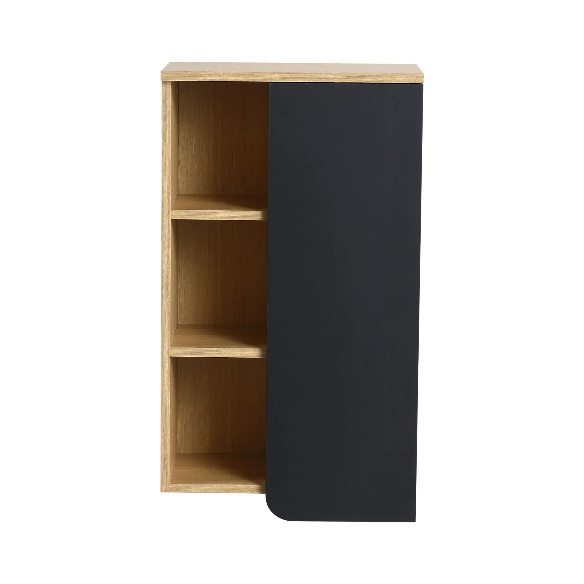 Wall Mounted Bathroom Side Cabinet, Single Door With 3 Tier Open Shelves - Black / Light Oak / White by HouseOfZazla