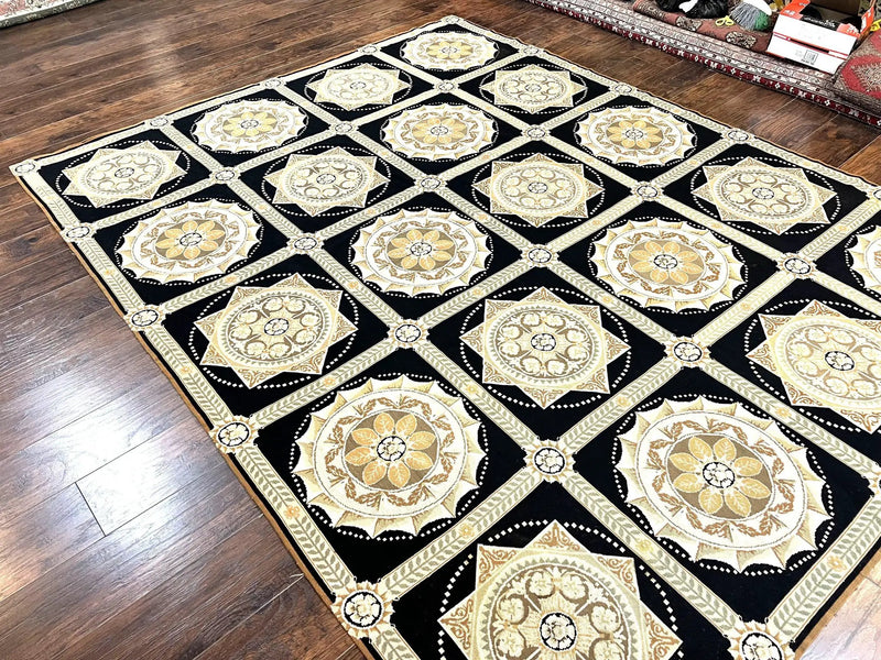 Needlepoint Rug 8x10, Black Tan Beige, Panel Design, Wool Handwoven Handmade Flatweave Needlepoint Carpet, Vintage French European Rug by Jewel Rugs