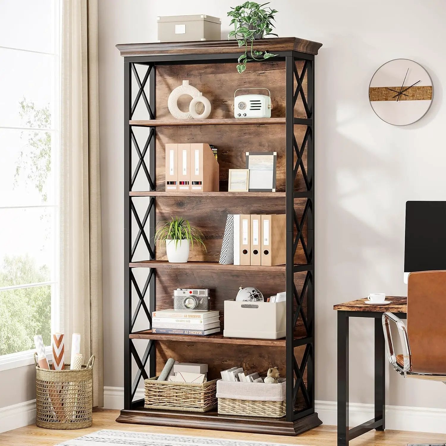 6 Tier Industrial Brown & Bookshelf With X Pattern Design - Rustic Brown by HouseOfZazla