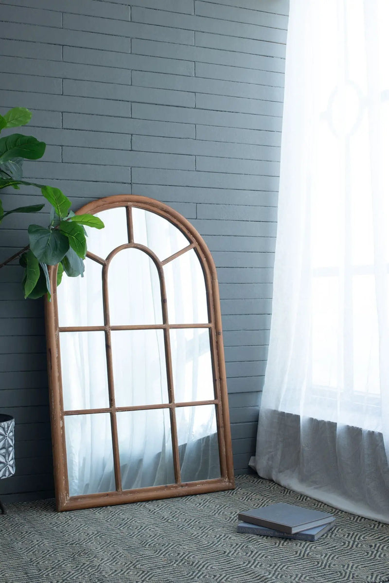 Large Arched Accent Mirror With Frame With Decorative Window Look Classic Architecture Style Solid Fir Wood Interior Decor - Brown by Unique Piece Furniture