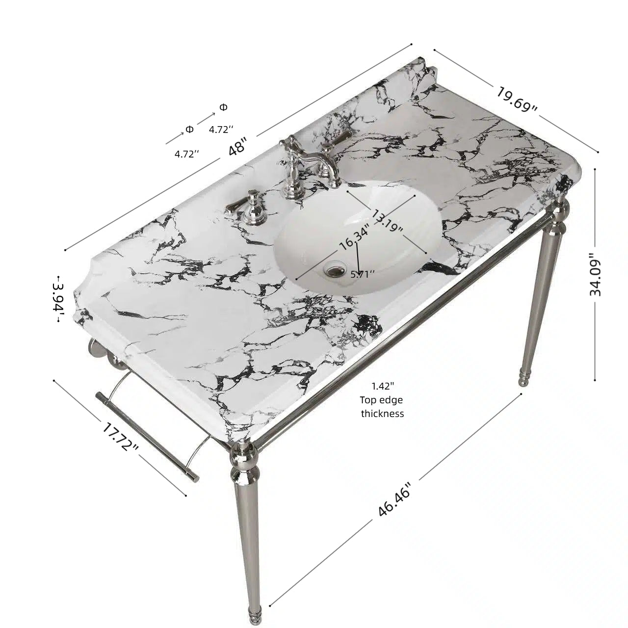 VICI 48" Bathroom Console Sink, Undermount Ceramic Vanity Basin & Panda by HouseOfZazla