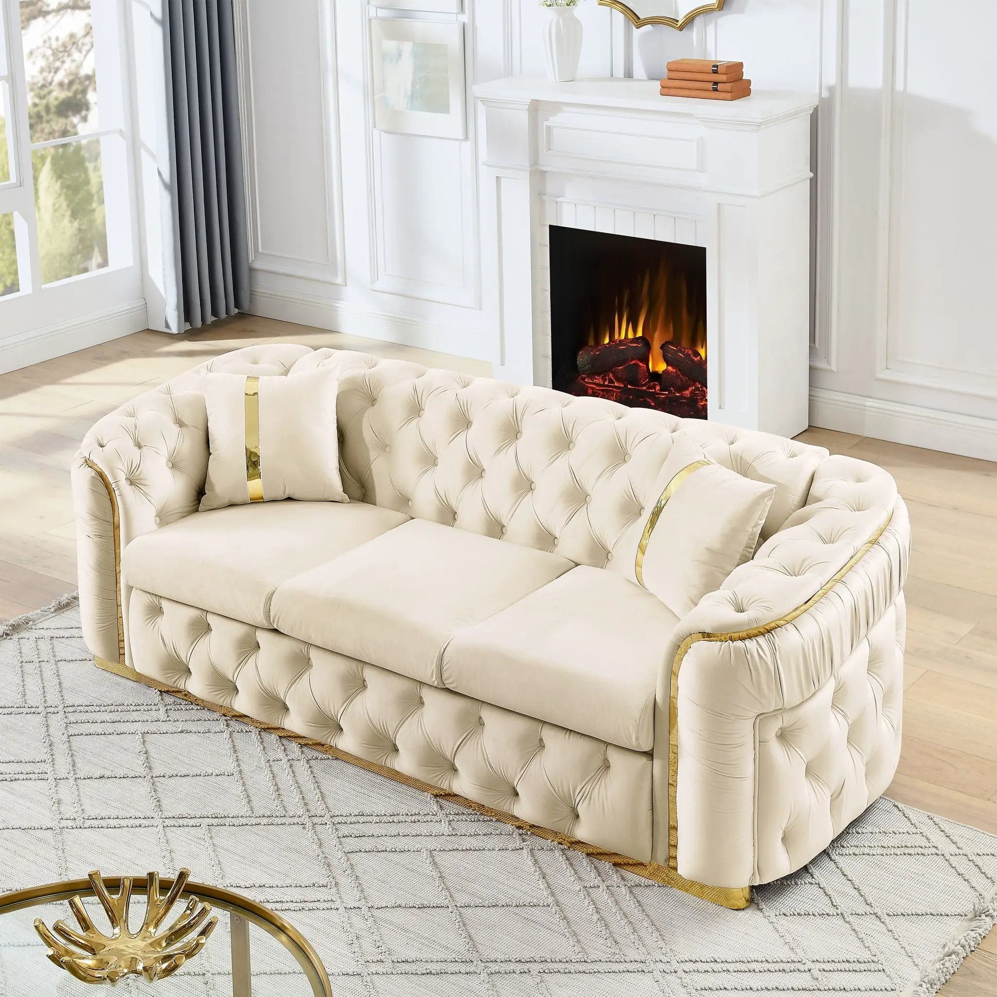 Button Tufted Couch With 2 Pillows, 3 Seater Luxury Chesterfield Sofa by Unique Piece Furniture