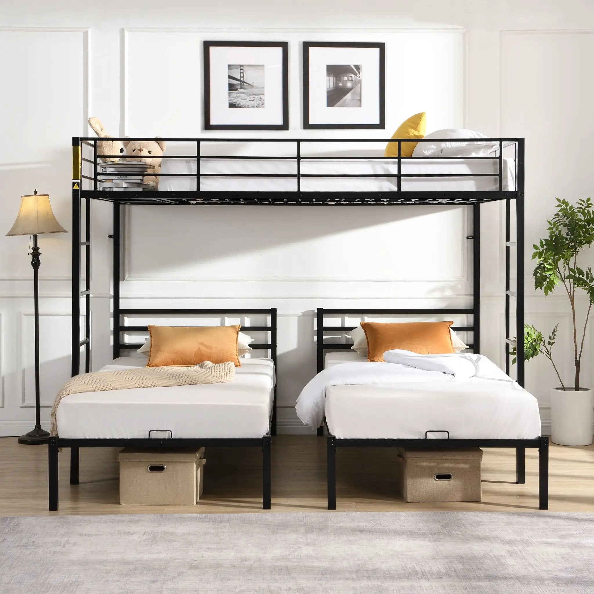 Modern Metal Triple Bunk Bed With Vertical Ladder, Safety Rail, And Storage Shelf - Black by Unique Piece Furniture