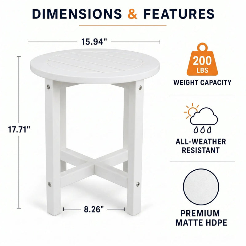 White HDPE Outdoor Side Table, 16 in. Round All-Weather Patio End Table by HouseOfZazla