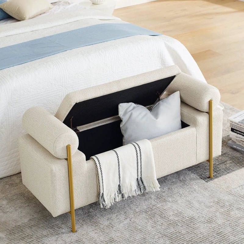 Elegant Upholstered Storage Bench With Cylindrical Arms And Iron Legs, by Unique Piece Furniture