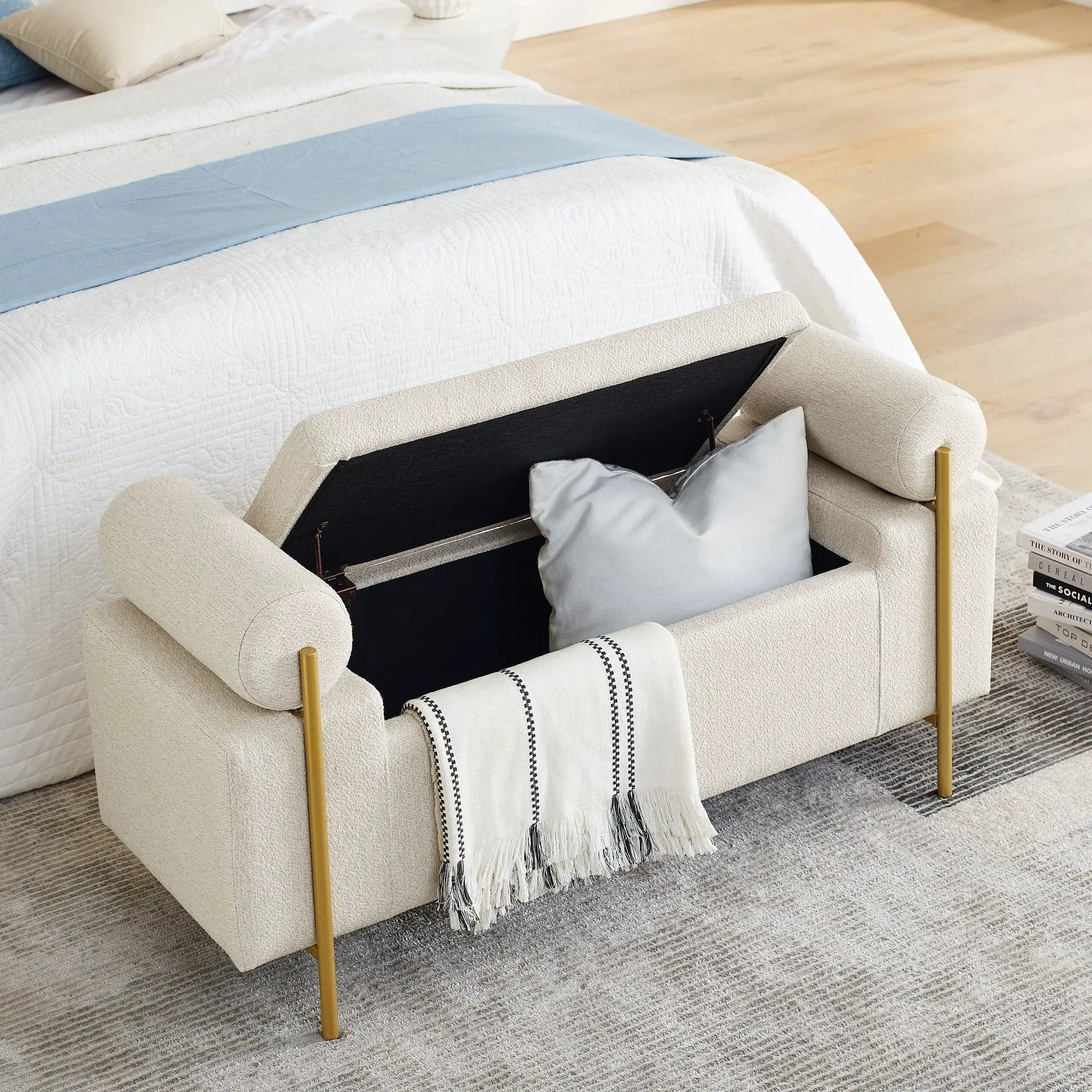 Elegant Upholstered Storage Bench With Cylindrical Arms And Iron Legs, by Unique Piece Furniture