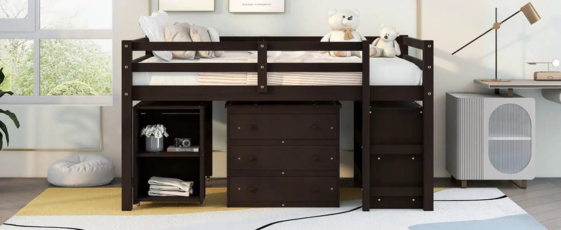 Loft Low Study Bed With Cabinet, Shelves And Rolling Portable Desk, Multiple Functions by HouseOfZazla