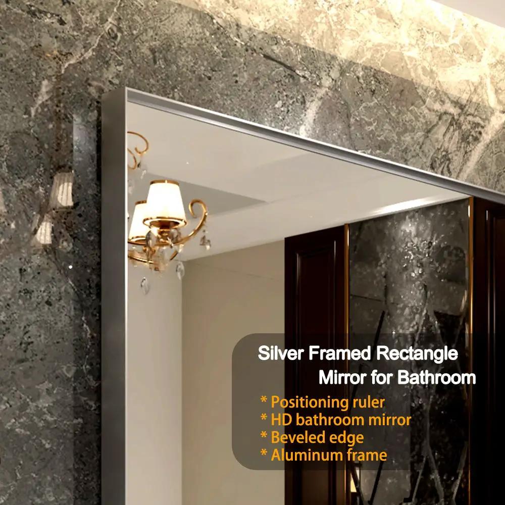 40X30" Silver Rectangular Wall-Mounted Beveled Bathroom Mirror, Square Angle Metal Frame Wall Mounted Bathroom Mirrors For Wall (Horizontal & Vertical) - Silver by HouseOfZazla