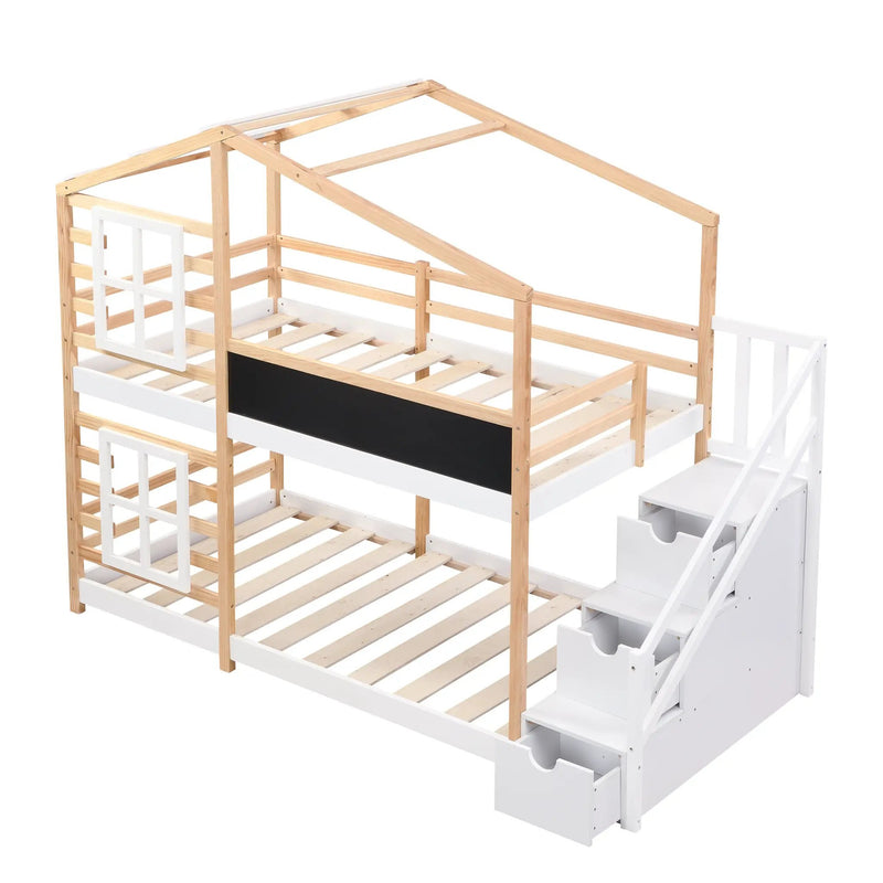 Twin Over Twin Bunk Bed House Bed With Roof and Storage, photo 4 of 6