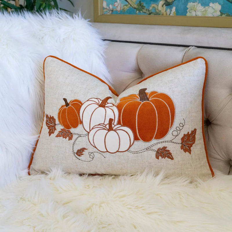 Embroidered Pumpkin Lumbar Throw Pillow – Fall Harvest Accent Cushion by HouseOfZazla