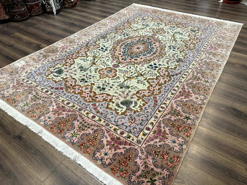 Wonderful Persian Tabriz Rug 7x10, Very Fine 330 KPSI, Light Green Light Blue Pink, Kork Wool Silk Foundation, Bird Pictorials by Jewel Rugs
