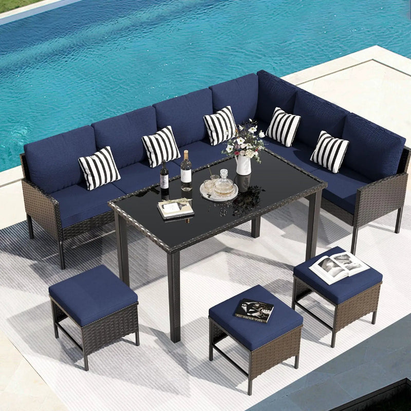 7 Piece Outdoor Furniture Set With Waterproof Cushions, Glass Table, And Space Saving Design - Blue by HouseOfZazla