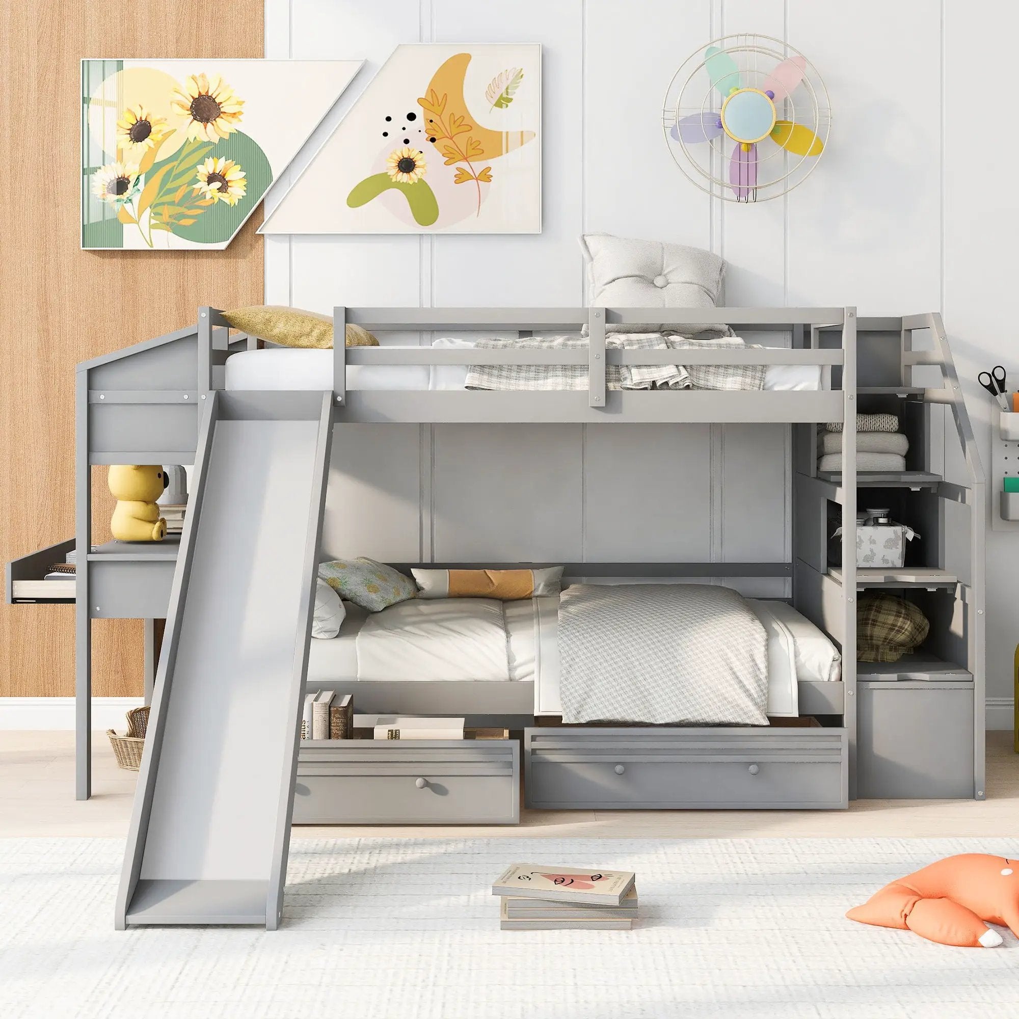 Bunk Bed With Storage Staircase, Slide, Desk, Drawers, And Shelves by HouseOfZazla