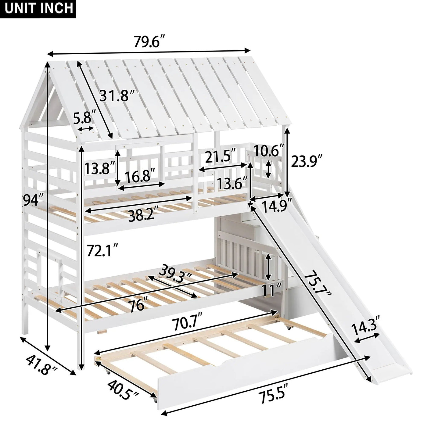 House Bunk Bed With Trundle, Storage Staircase, Roof And Window Design by Unique Piece Furniture