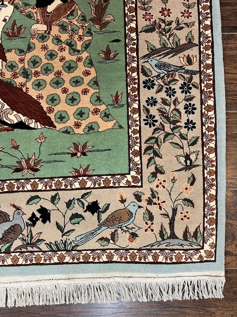 Indo Persian Pictorial Rug 4x7, Handmade Hand Knotted Wool Semi Antique Horizontal Carpet, Men & Women Drinking, Fine Rug, Bird Pictorials by Jewel Rugs