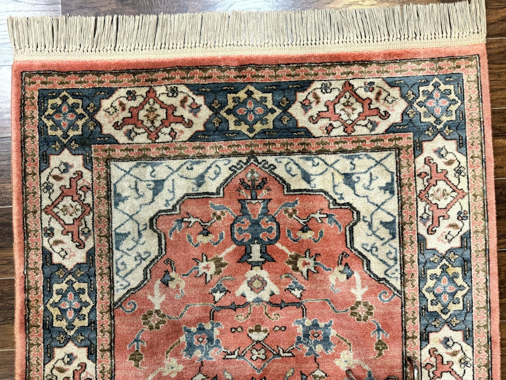 Karastan Rug 4x6 Bergama Design #737, Karastan Area Rug, Vintage Wool Karastan Carpet, Original Collection 700 Series, Salmon Red Light Blue by Jewel Rugs