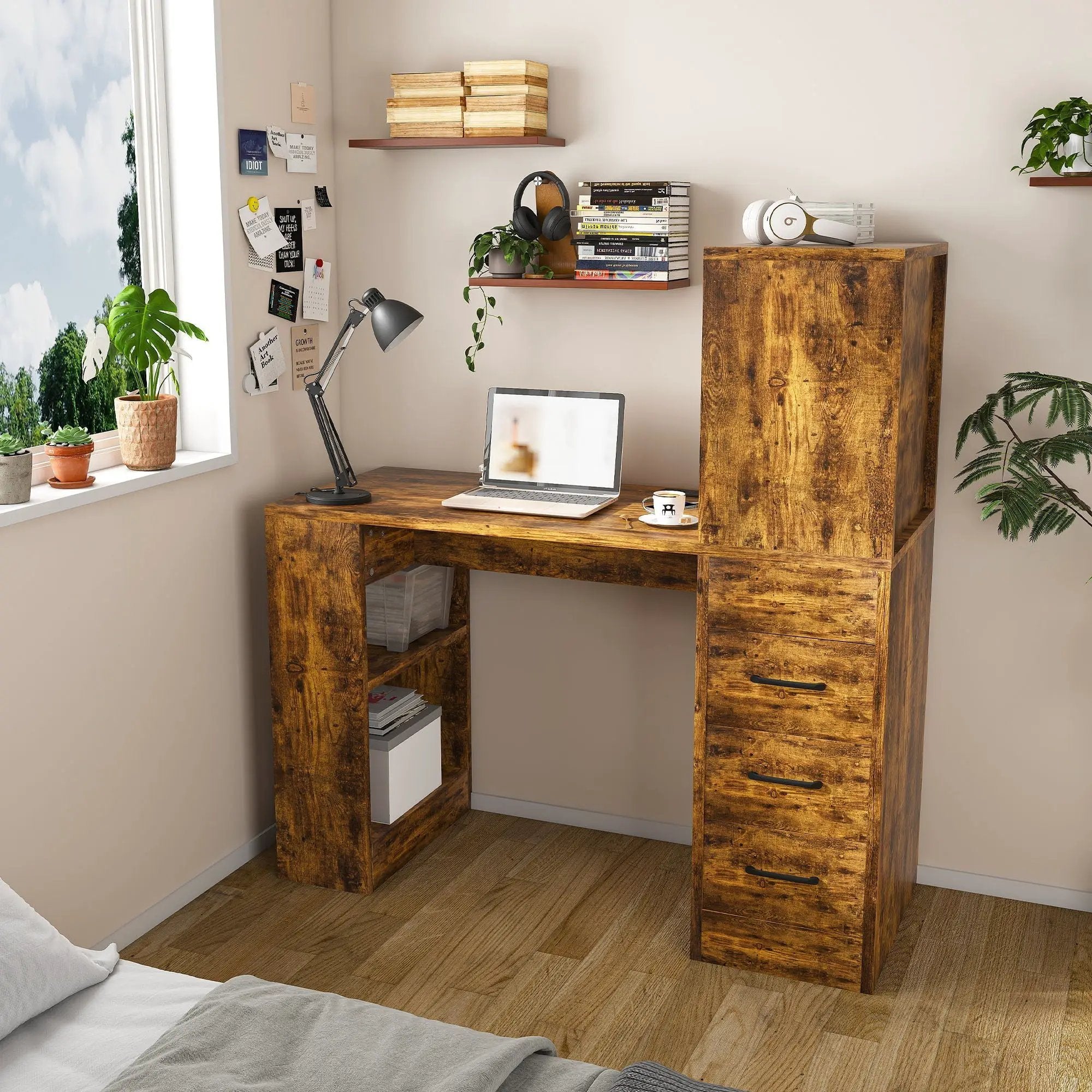 Computer Desk With 4 In 1 Socket & 3 Drawers, 4 Tier Shelves by HouseOfZazla