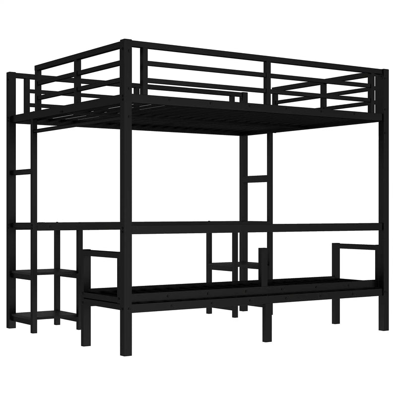 Queen Over Twin XL Metal Bunk Bed with Desk and Shelves by HouseOfZazla