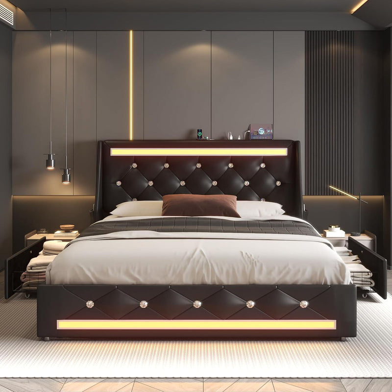 Wingback Upholstered Bed Frame With LED Lights, Charging Station by HouseOfZazla
