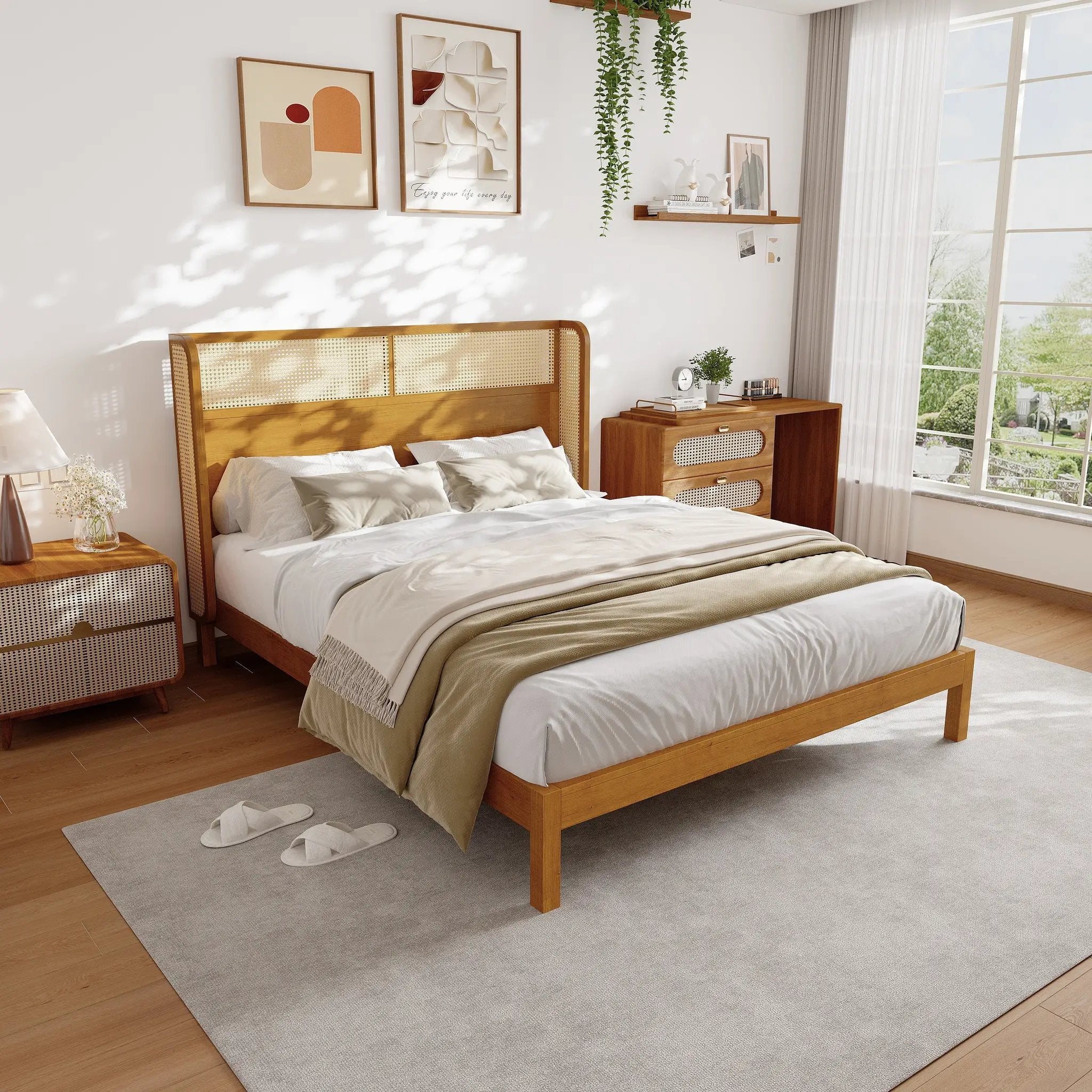 Premium Rubber Wood Platform Queen Bed Frame with Headboard by HouseOfZazla