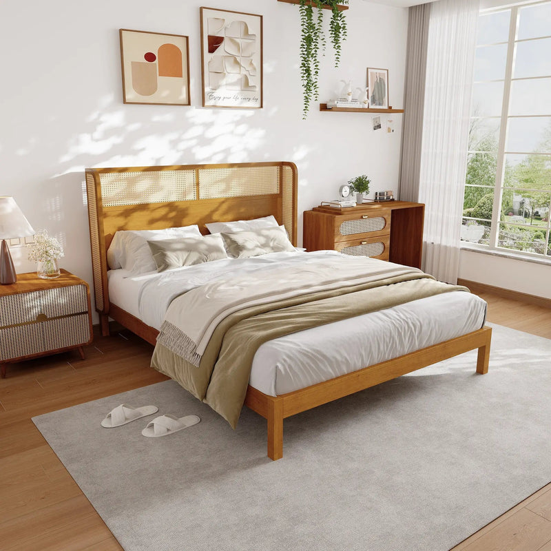 Premium Rubber Wood Platform Queen Bed Frame with Headboard by HouseOfZazla