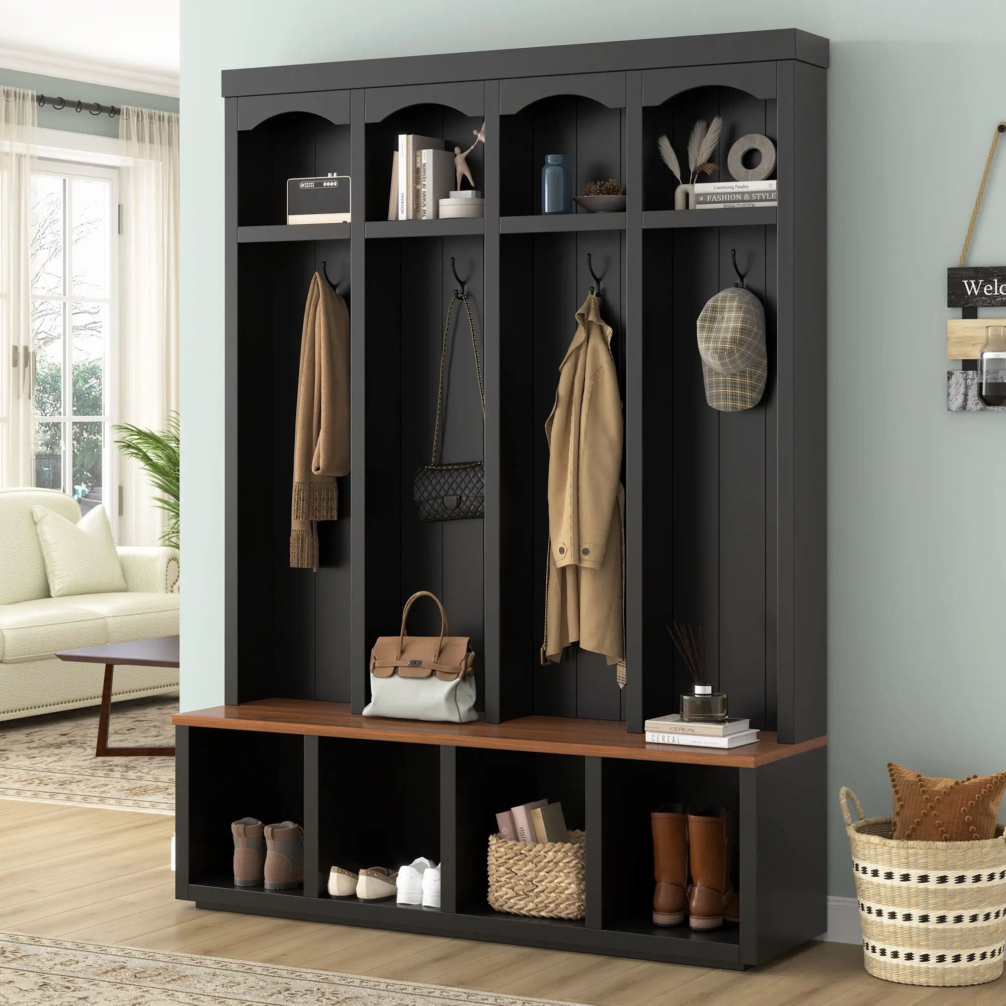 Entryway Hall Tree With Bench, 4 Hooks & Open Storage Space by HouseOfZazla