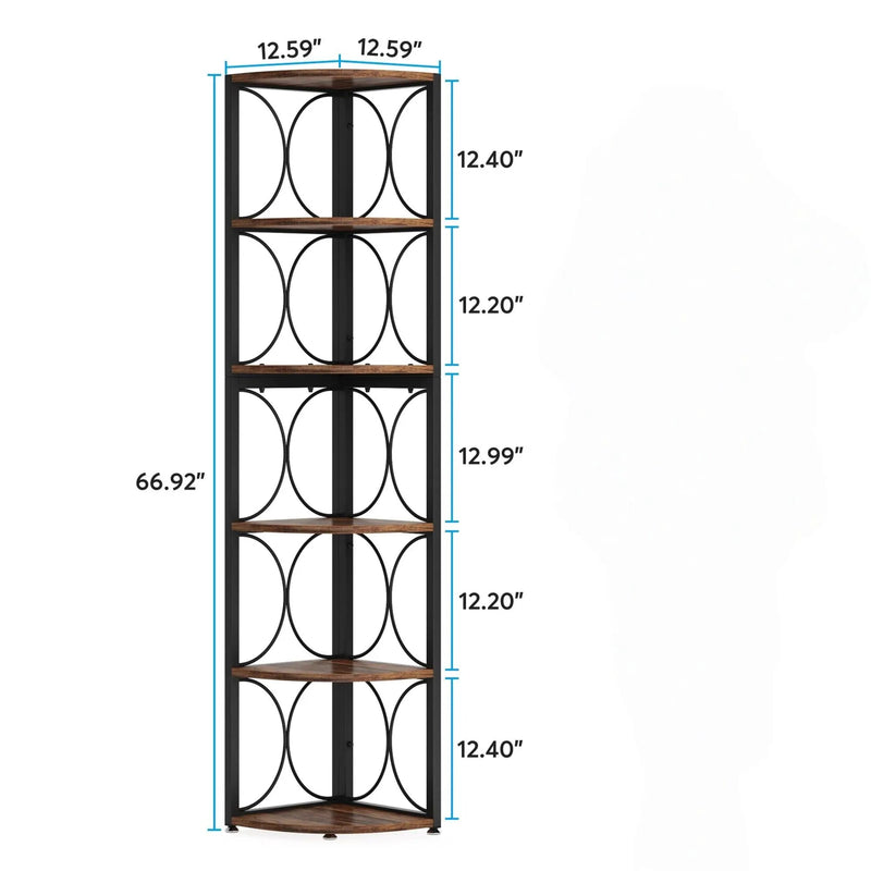 Tall 6 Tier Corner Bookshelf Storage Rack For Living Room - Rustic Brown by HouseOfZazla