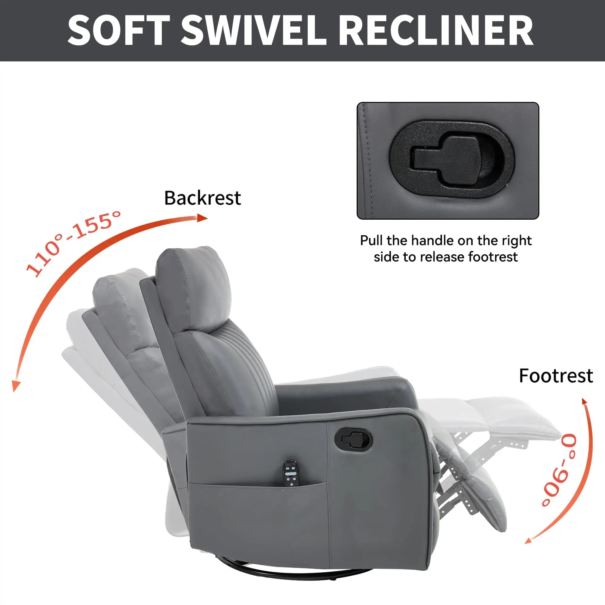 Grey Faux Leather Heat Massage Manual Recliner Chair with Rocker and Swivel by HouseOfZazla