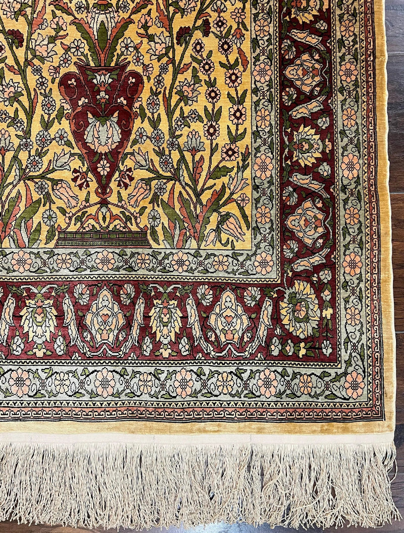 Wonderful Silk Turkish Hereke Prayer Rug 2.8 x 4.5, Tree of Life Design, Signature from Master Weaver, Gold and Burgundy, Handmade, 625 KPSI by Jewel Rugs