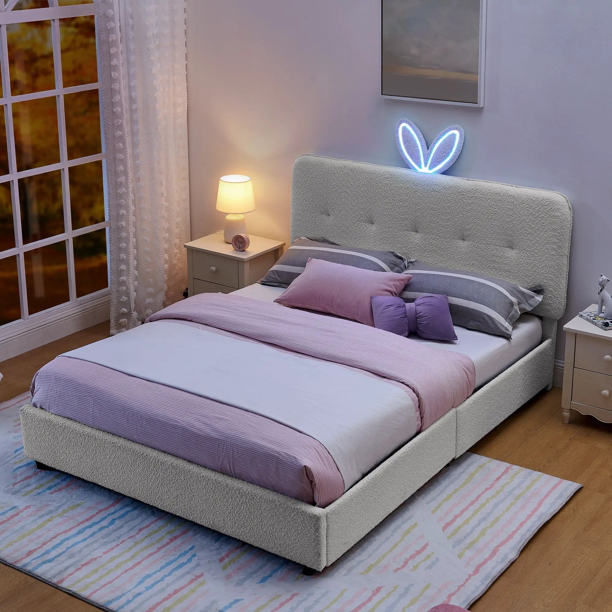 Upholstered Bed With Oversized Rabbit Ear Headboard, LED Lights & 4 Storage Drawers by Unique Piece Furniture