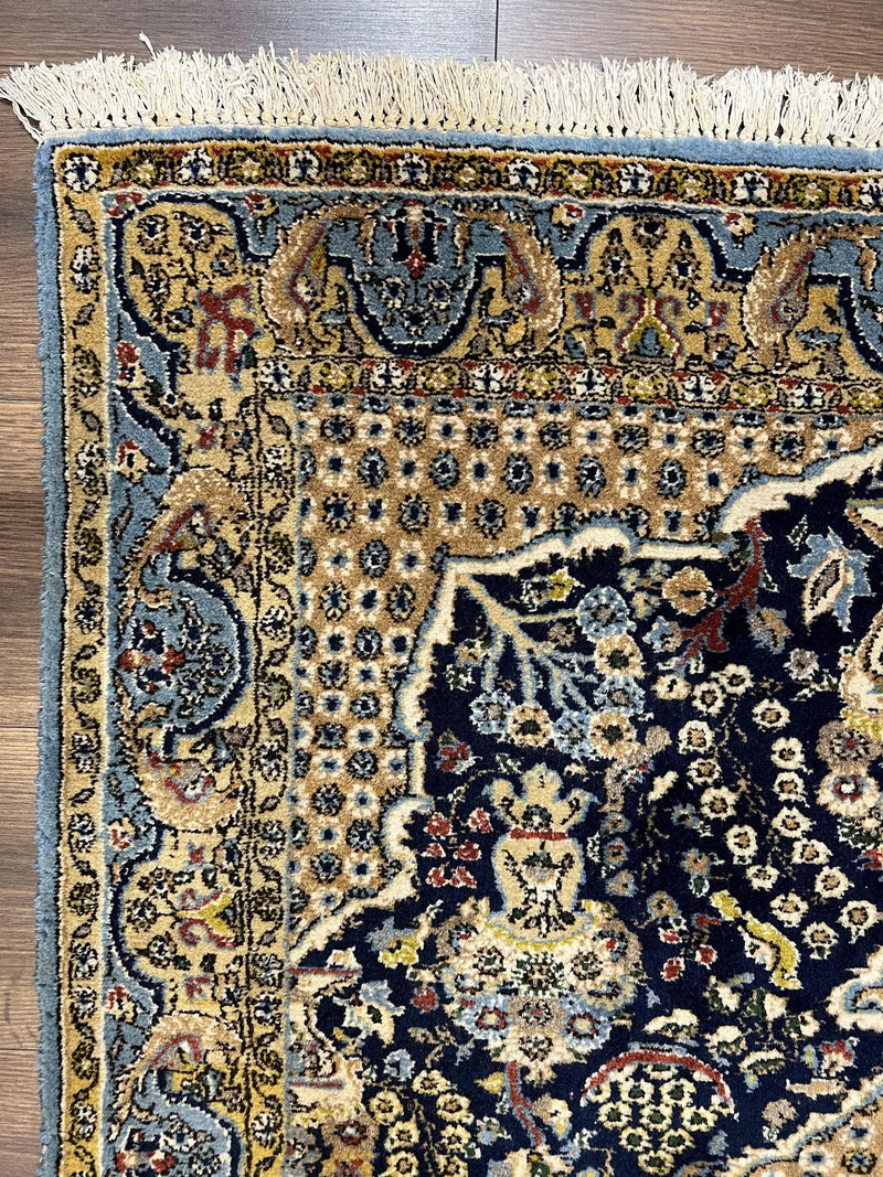 Fine Persian Qum Rug 3x5, Semi Antique Vintage Oriental Ghom Carpet, Floral Medallion, Highly Detailed, Hand Knotted, Navy Blue, Wool Area Rug, Birds by Jewel Rugs