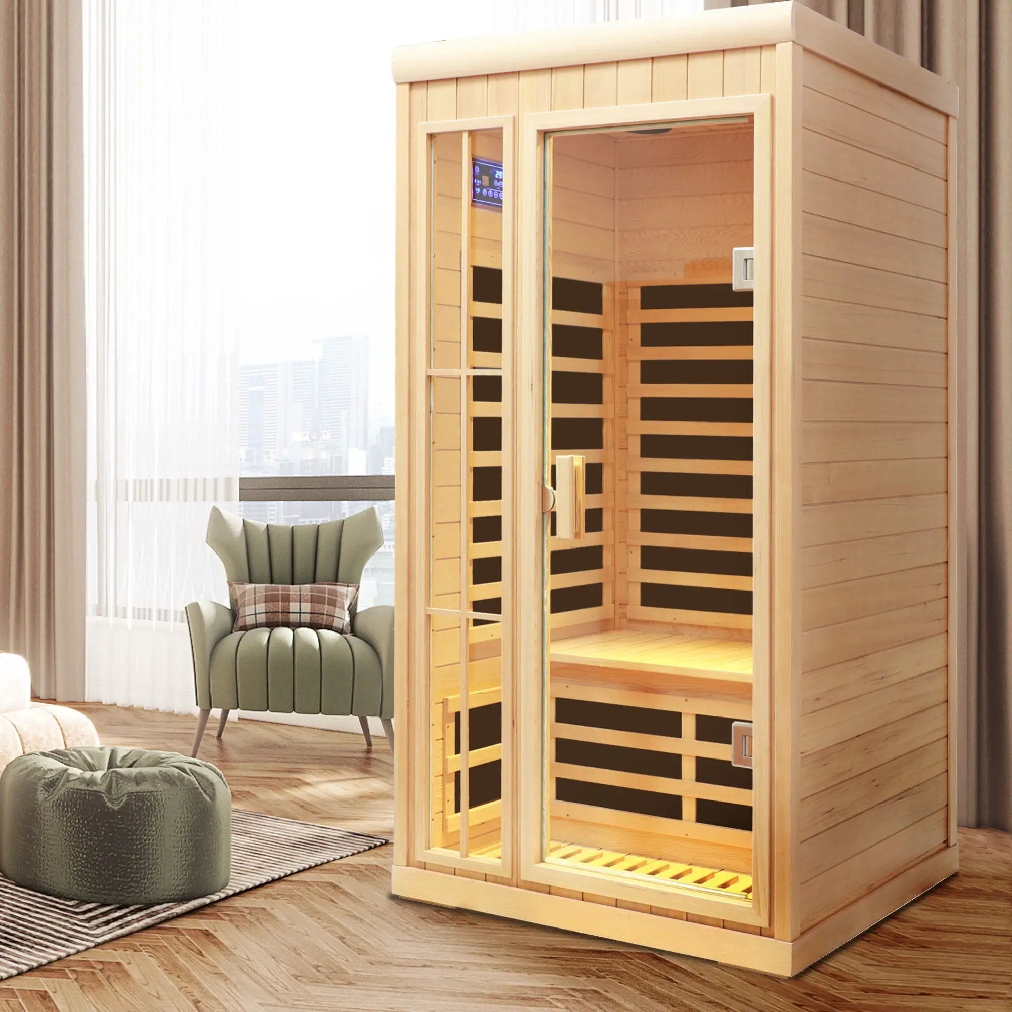Deluxe Version Plus 1 Person Far Infrared Hemlock Sauna Room With LED Colour Lights - Natural by HouseOfZazla