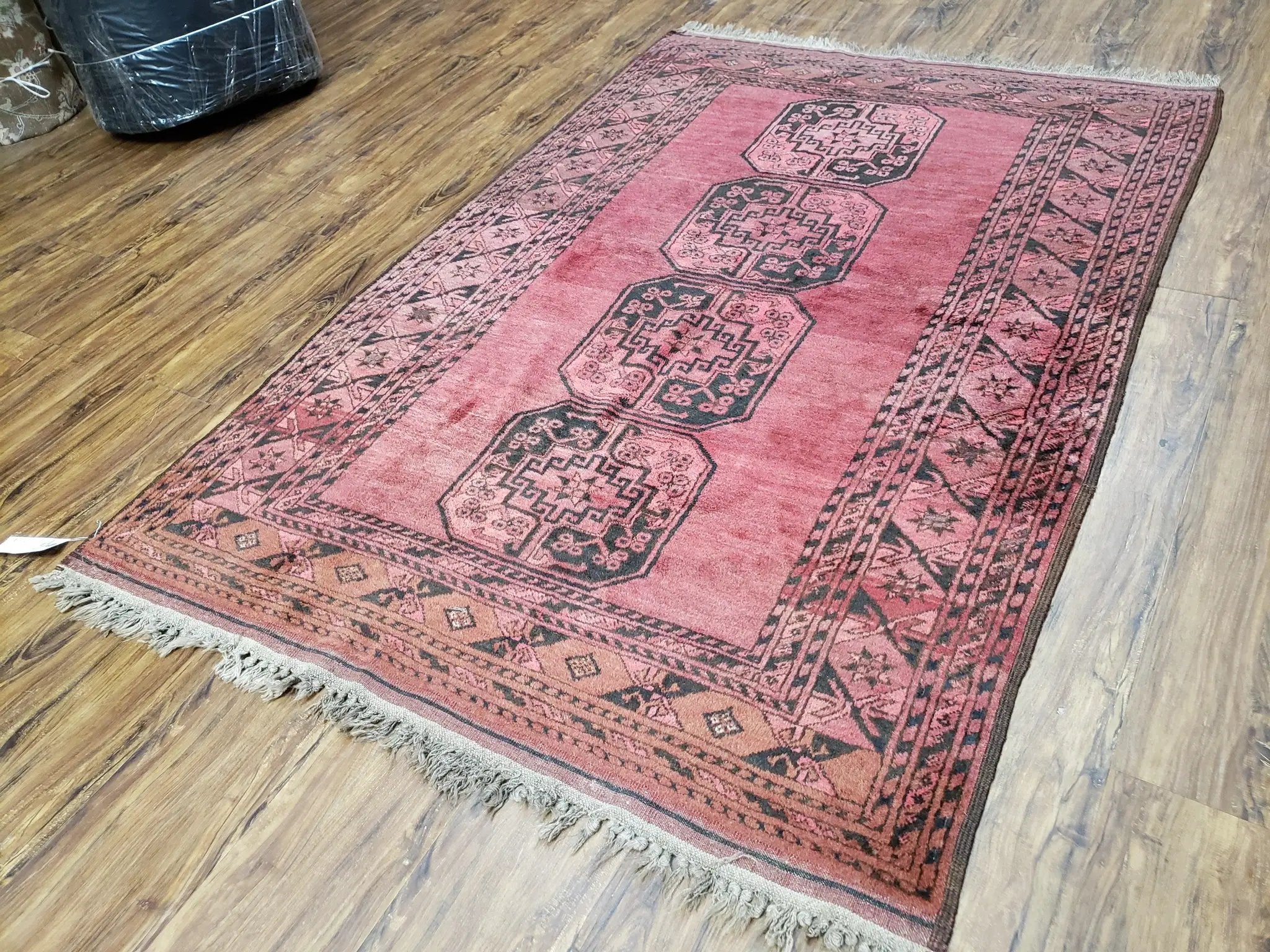 Antique Bukhara Area Rug, Vintage Afghan Bokhara Bashir Rug, 4x6 Hand-Knotted Oriental Carpet, Red & Black Wool Rug, 4' x 5'9 by Jewel Rugs