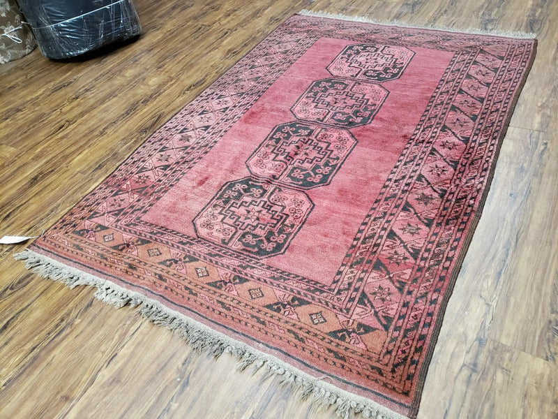 Antique Bukhara Area Rug, Vintage Afghan Bokhara Bashir Rug, 4x6 Hand-Knotted Oriental Carpet, Red & Black Wool Rug, 4' x 5'9 by Jewel Rugs