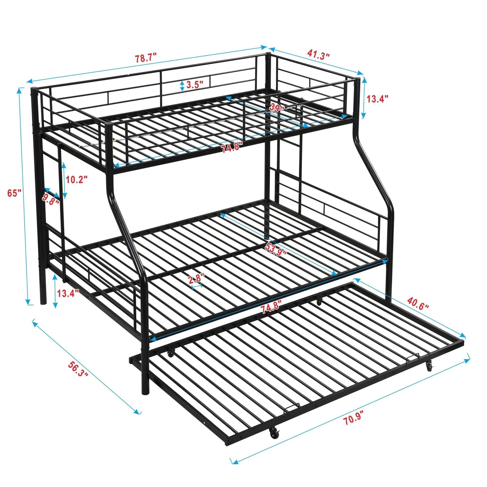 Twin Over Full Modern Metal Bunk Bed With Trundle - Black by HouseOfZazla