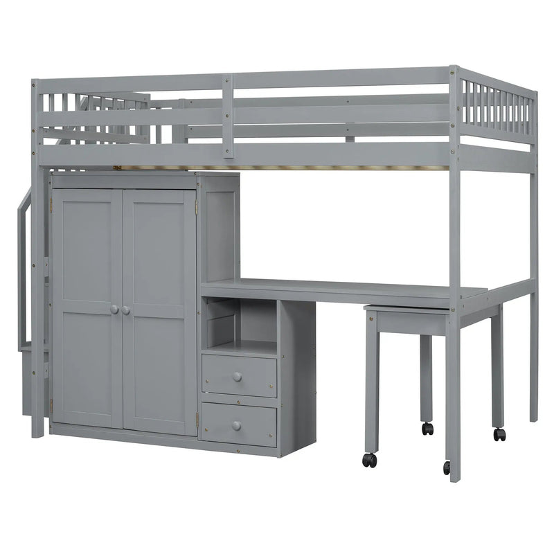 Loft Bed With Stairs, Bookshelf, Drawers, Desk & Wardrobe, Space Saving Multifunctional Furniture by HouseOfZazla