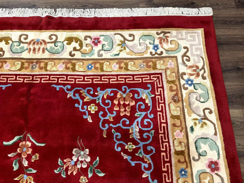 Indo Chinese Wool Rug 9x12, Red Art Deco Carpet, Vintage by Jewel Rugs