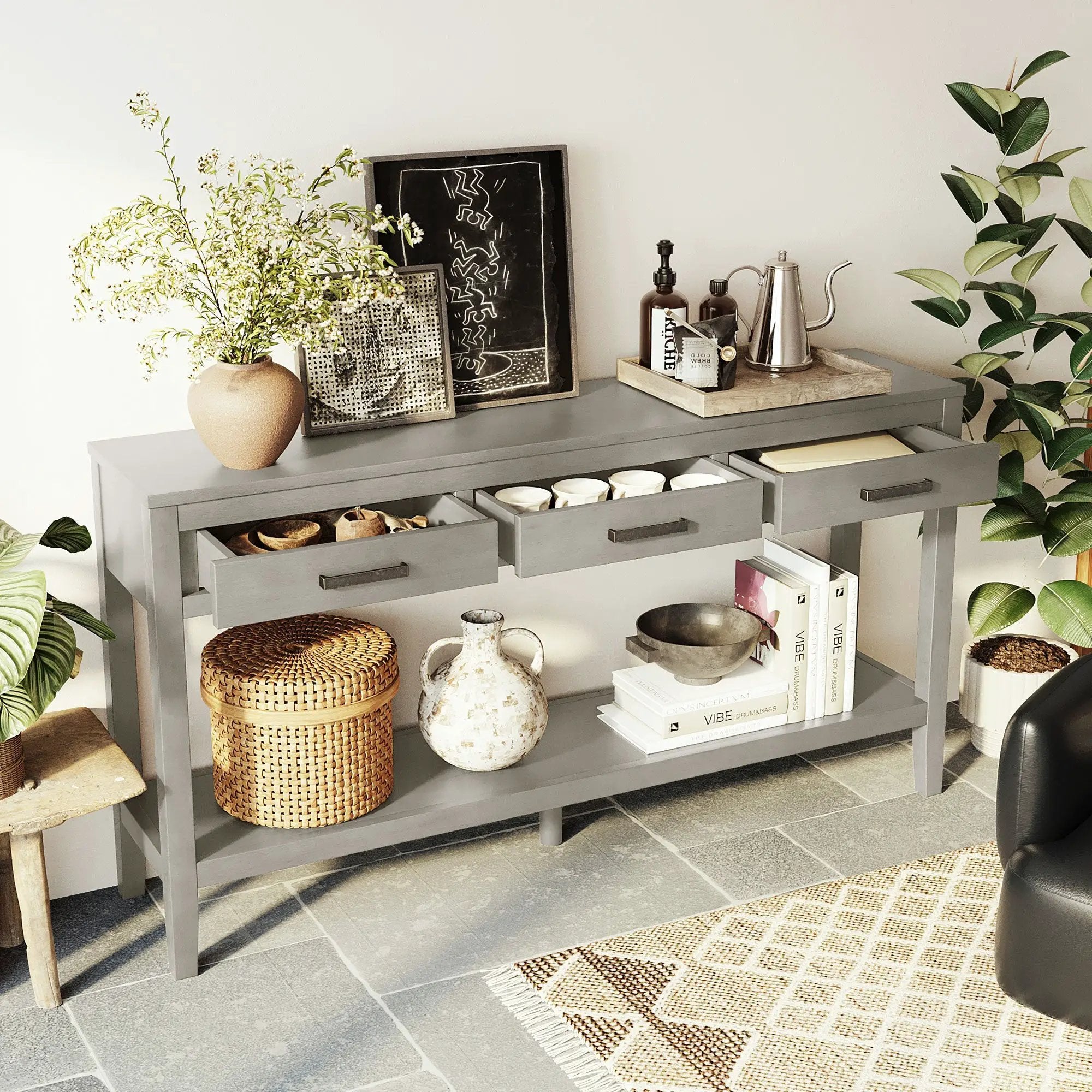 U_STYLE 59.1'' Farmhouse Entryway Table with 3 Drawers by HouseOfZazla