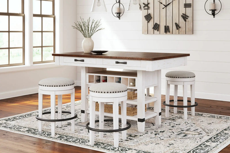 Valebeck - 5 Pc. - Counter Table With Wine Rack, 4 Swivel Stools - White / Brown by Unique Piece Furniture