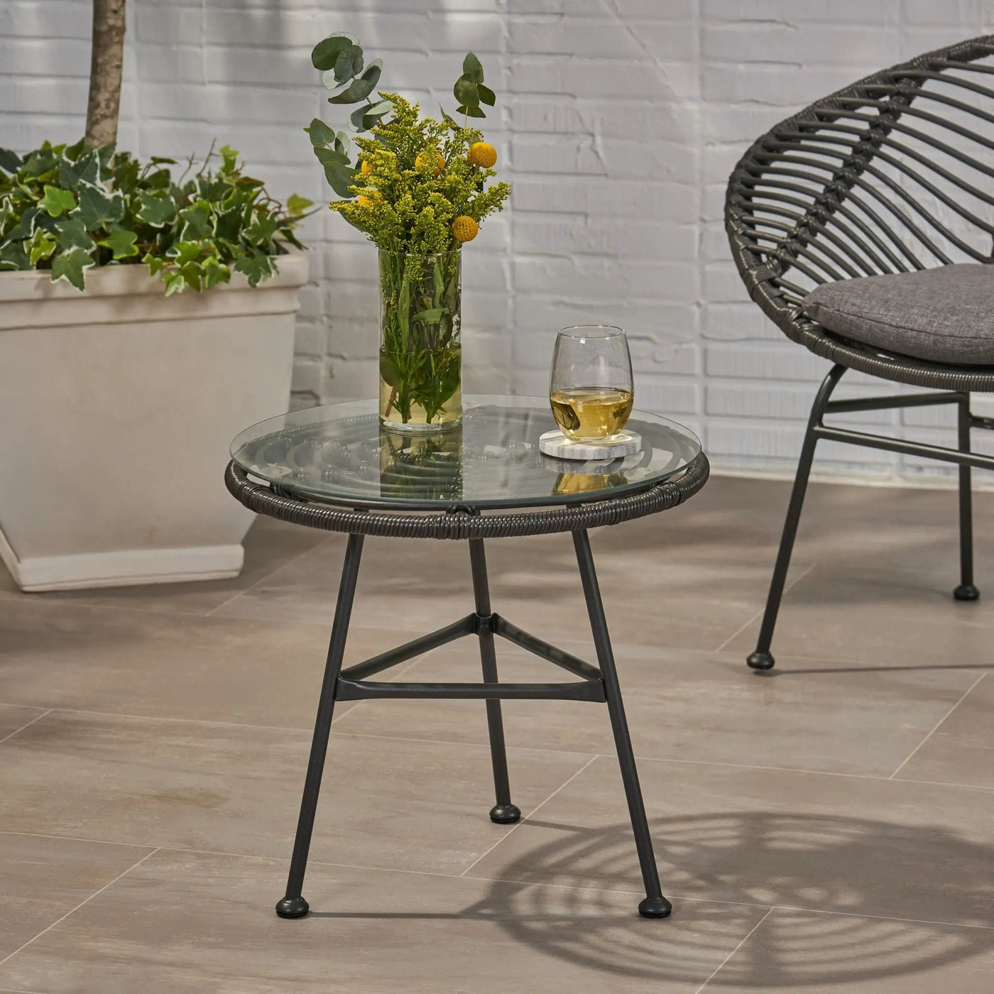 Petrichor Outdoor Side Table with Tempered Glass and Steel Frame by HouseOfZazla