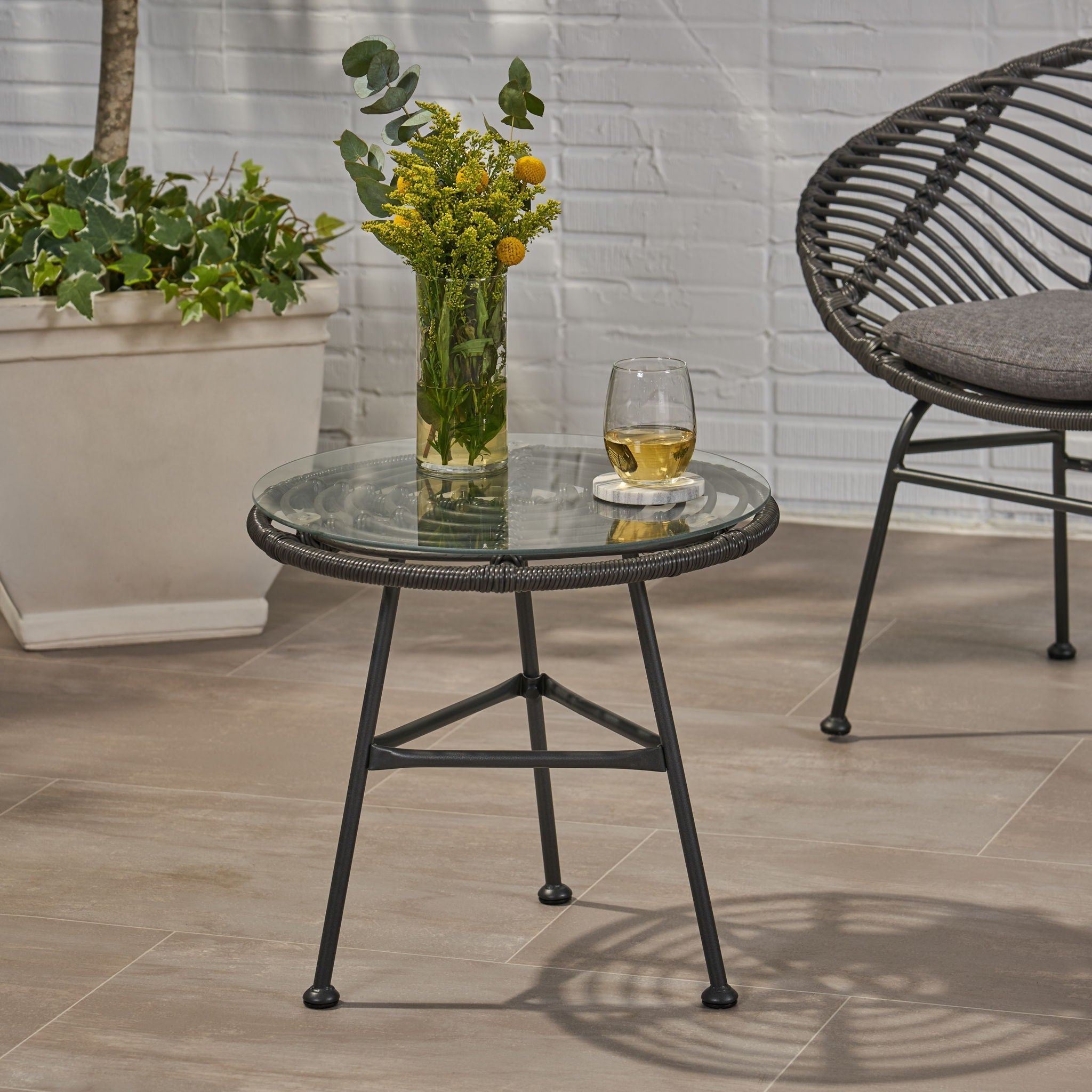 Petrichor Outdoor Side Table with Tempered Glass and Steel Frame by HouseOfZazla