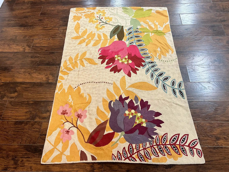 Indian Hand Stitched Rug 4x6, Floral, Silk, Large Floral Design by Jewel Rugs