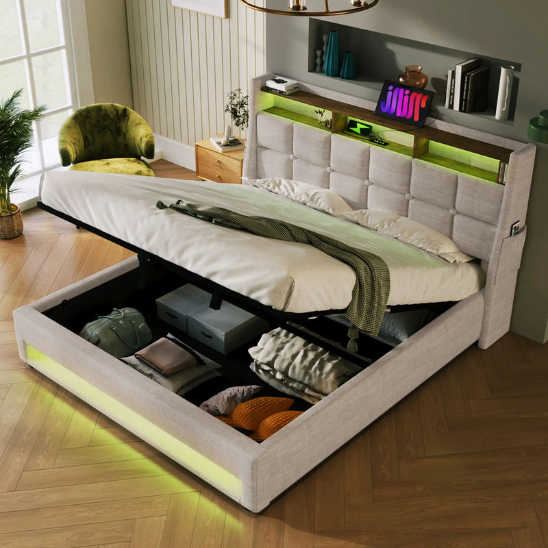 Platform Bed With Hydraulic Storage, LED Lighting & Charging Station by HouseOfZazla