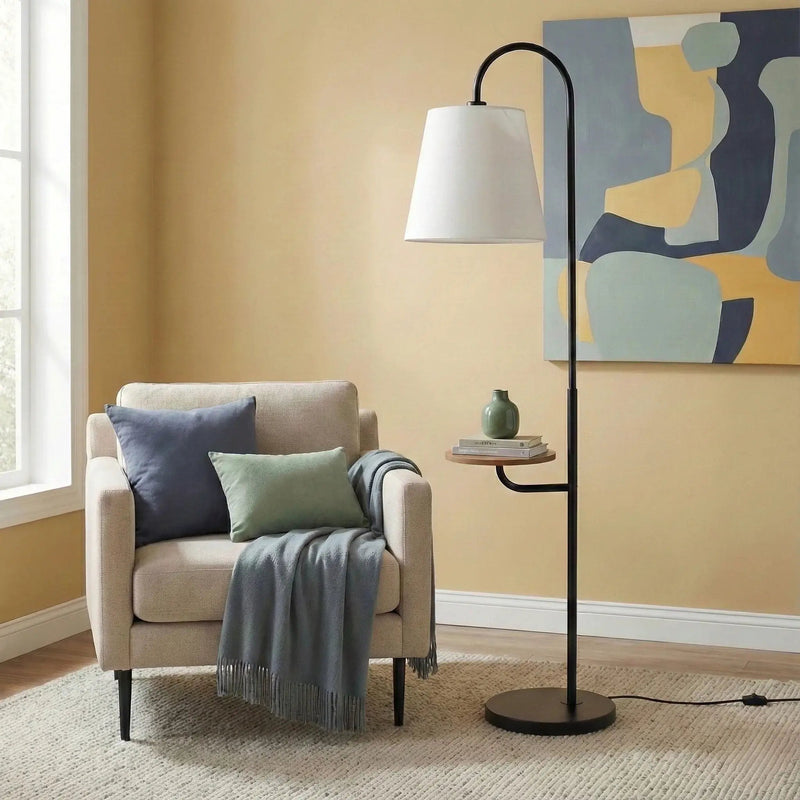 Seoul - Floor Lamp With Rotary Switch Wood Table Base - Black / White by Unique Piece Furniture
