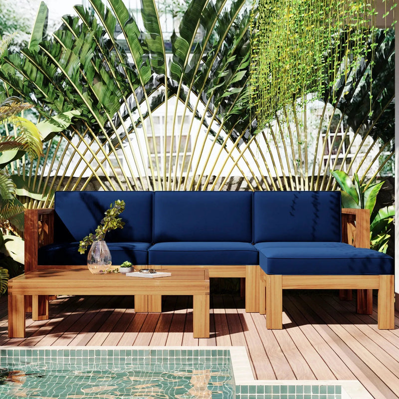 TOPMAX Outdoor 5-Piece Wood Sectional Patio Sofa Set with Blue Cushions by HouseOfZazla